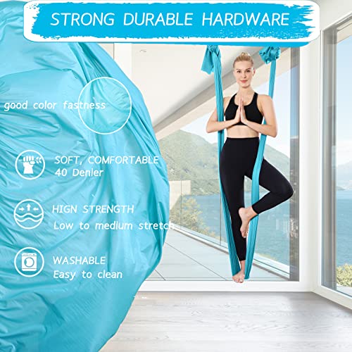 Aerial Silks Yoga Swing Set, Fitness Aerial Yoga Kit | Anti-Gravity Flight Aerial Yoga Hammock Kit; Low/Non Stretch Nylon Tricot Fabric; For Fitness & Dance; Hardware Included - color: 9Yards-Aqua Blue