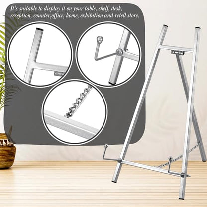 Leinuosen Metal Easel Stand 16.5" H x 8.7" W x 4.3" D Table Top Easel Stand for Display Tripod Art Picture Mirror Modern Plate Holder for Display Book Photo Wedding Sign(Silver) - color: Silver