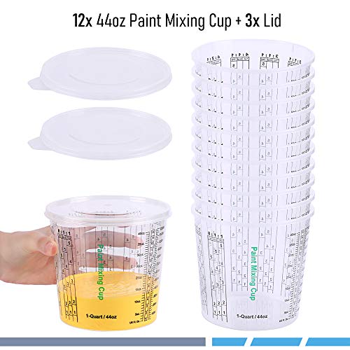 CANOPUS 44-oz Paint Mixing Cups, Pack of 12 Cups with 3 Lids, Reusable and Solvent-Resistant Clear Plastic Containers for Paint, Epoxy, Resin, Oil, and Thinner - size: 44 oz