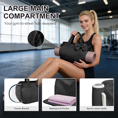 Gosect Women’s Crush Bow Puffer Tote Bag, Water Resistant Laptop Travel Yoga Work Bag - color: Black