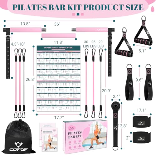 Pilates Bar Kit with Resistance Bands, Multifunctional Yoga Pilates Kit - color: Pink