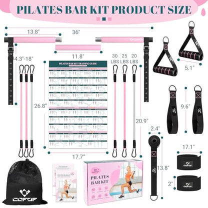 Pilates Bar Kit with Resistance Bands, Multifunctional Yoga Pilates Kit - color: Pink