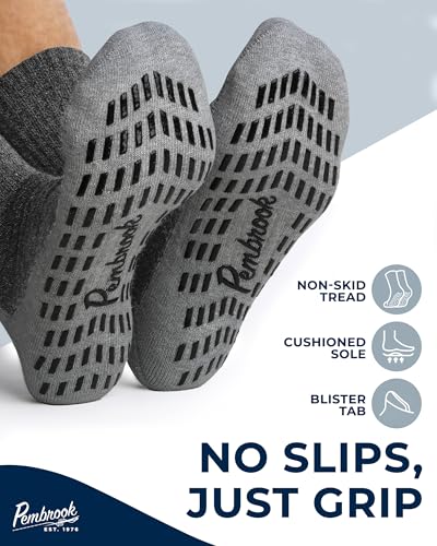 Pembrook Non Slip Crew Grip Socks Men & Women - 4 Pairs | Non Slip Socks for Elderly, Hospital, Pilates, Yoga, Barre, Home - color: Gray - 4 Pairs, size: Medium