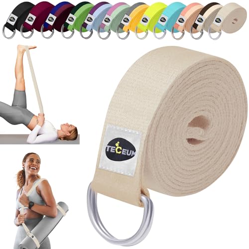 TECEUM 2 IN 1 Yoga & Mat Strap for Stretching – Cotton – 6/8/10 ft | Adjustable Non-Slip Belt in 30+ Colors for Yoga, Pilates, Physical Therapy, Fitness, Home Workouts and Carrying Mats - color: Beige, size: 6 ft