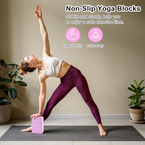 2 Yoga Block and 2 Yoga Strap Set,Non-slip EVA Foam Blocks, High Density Yoga Bricks with 6ft Strap, Supportive Latex-Free Yoga Block Accessories for Pilates - color: Pink