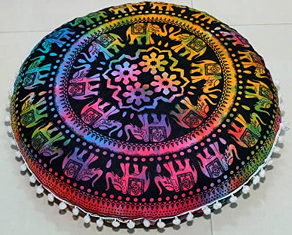 ICC Large Boho Ottoman Cover Pillowcase for Couch Floor Pillows & Cushion Covers Decorative Bohemian Hippie Mandala Pouf Pillow Cover Seating Meditation Cushion Cover (UP hathi, 32" Round) - size: 32" x 32" (Pack of 1), style: UP hathi