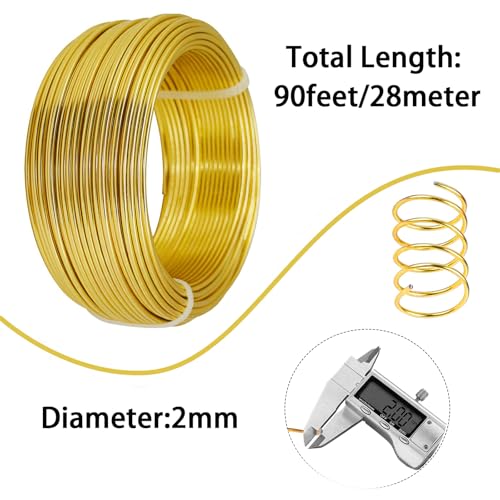 90 Feet Bendable Aluminum Craft Wire 2mm Metal Wire for Sculpting Bonsai Training Doll Skeletons DIY Jewelry Making Armature Making Wire Weaving (Gold) - color: Gold