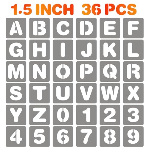 BAMIDELE 1.5 Inch Letter and Number Stencils, 36 Pcs Reusable Plastic Alphabet Spray Paint Stencils for Painting on Wood, Wall, Fabric, Rock, Chalkboard, Door Porch, Signage, DIY Craft Decoration - size: 1.5 Inch