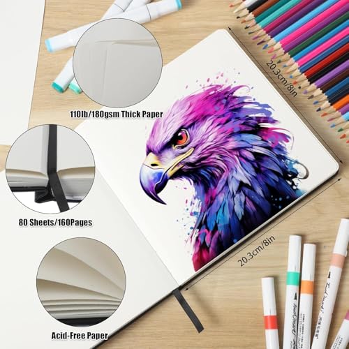 Hardcover Sketchbook 8×8 in, 180 GSM, 80 Sheets, Square Drawing Pad | Acid-Free Paper, Pu Leather Cover, Perforated Pages, Elastic Closure, Back Pocket, Flat-Lay Design - size: 8.3×8 Inch (1 Pack)