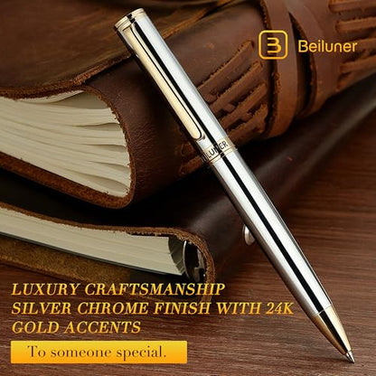 BEILUNER Silver Gold Gel Pen - Luxury Featuring sophisticated chrome finishes, with 24K Gold Accents, Best Pen Gift Set for Men & Women, Business Signature, Executive, Office Retractable Pens - color: Silver Chrome and Gold Finish