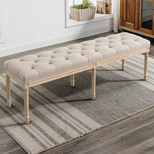 LUE BONA 60" Fabric End of Bed Bench, Upholstered Tufted French Bedroom Bench with Carved Legs for Bedroom End of King Size Bed, Living Room, Linen - color: Linen and Wood, size: 60''