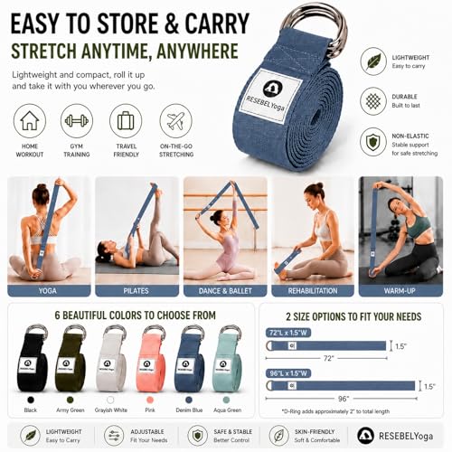 Yoga Strap for Stretching, Non-Elastic Yoga Belt with D-Ring - color: Denim Blue, size: 8Feet/2.4M