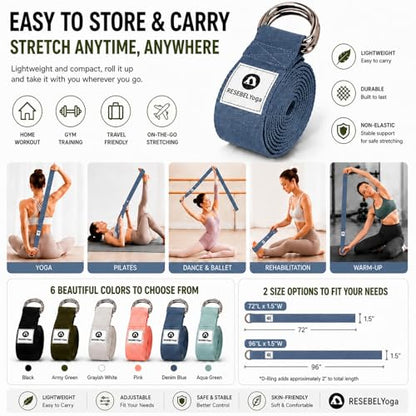 Yoga Strap for Stretching, Non-Elastic Yoga Belt with D-Ring - color: Denim Blue, size: 8Feet/2.4M