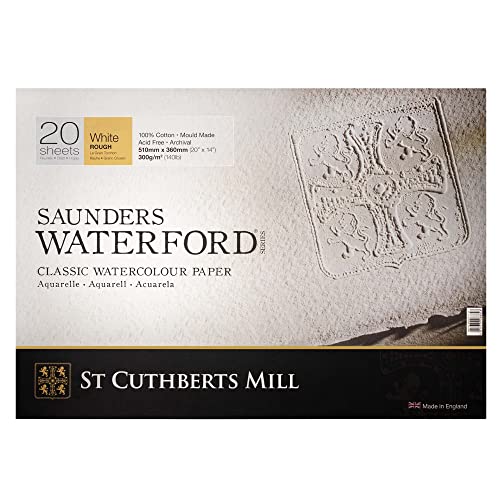 St. Cuthberts Mill Saunders Watercolor Paper Block - 20x14-inch White 100% Cotton - 20 Sheets of 140lb Rough for Gouache Ink Acrylic Charcoal and More