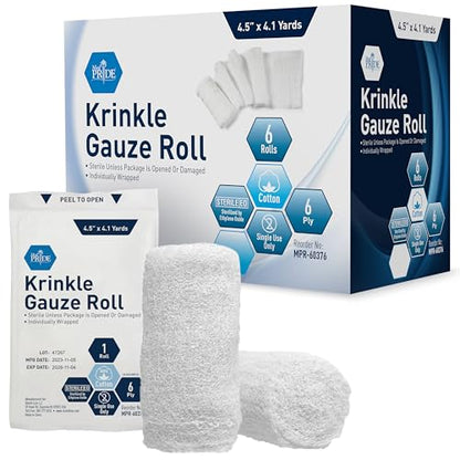 MED PRIDE Sterile Krinkle Gauze Rolls,6-Ply Cotton,4.5 in x 4.1 yd,6-Pack