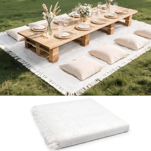 134 x 91 Extra Large White Outdoor Picnic Blanket, Woven Cotton Yarn Oversize Portable Blanket with Fringe for Camping, Lawn or Wedding Photoshoot. Indoor Bohemia Decorations, Machine Washable - size: 7'7" x 11'2"