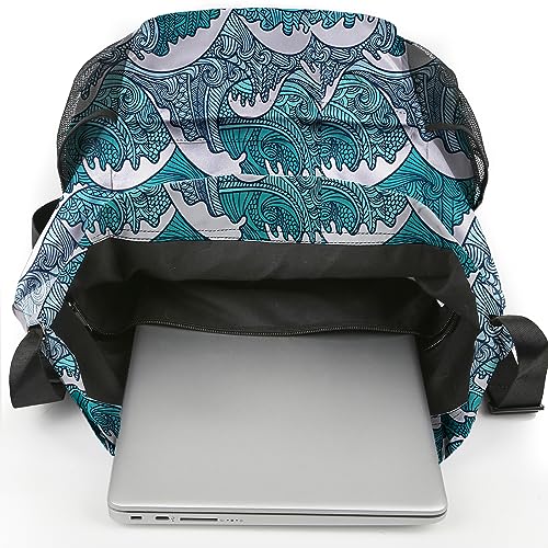 Waterproof Drawstring Backpack Sports Gym Sackpack with Mesh Pockets Water-Resistant String Cinch Beach Bag for Men Women - color: Print - Blue Waves