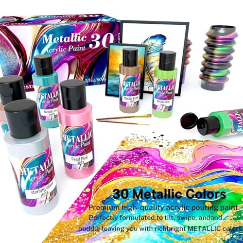 Metallic Acrylic Paint Set of Premium 30 Colors, Professional Metallic Paint with 2 fl oz（60ml） Bottles
