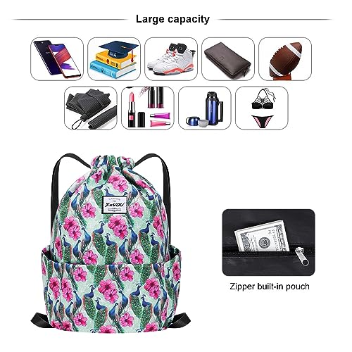 XEYOU Drawstring Backpack Bag Sport Gym Sackpack Beach Cinch Bag | Lightweight Swimming Bag, Water-Resistant Fabric, Travel Daypack for Women and Men - color: Peacock Pattern