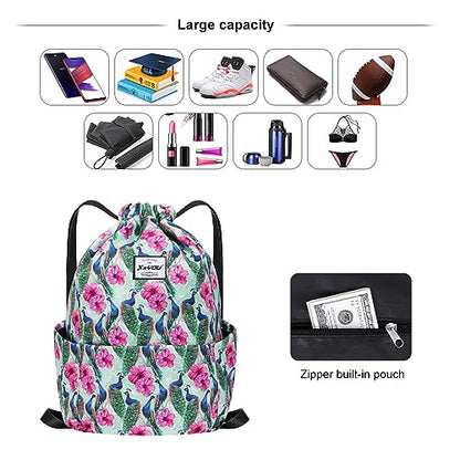 XEYOU Drawstring Backpack Bag Sport Gym Sackpack Beach Cinch Bag | Lightweight Swimming Bag, Water-Resistant Fabric, Travel Daypack for Women and Men - color: Peacock Pattern