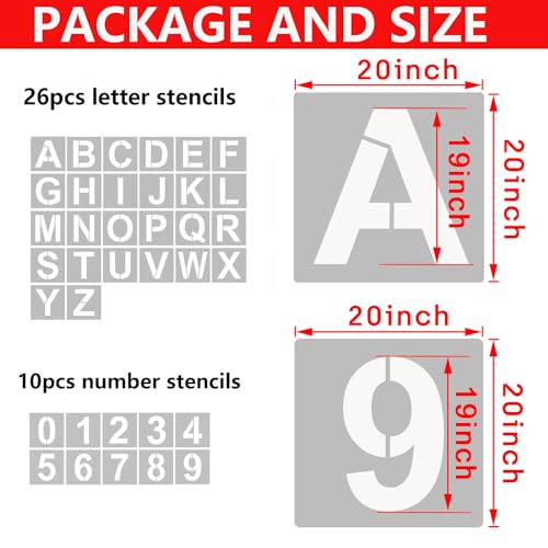 YEAJON 20 Inch Letter Stencils and Numbers, 36 Pcs Alphabet Art Craft Stencils, Reusable Plastic Templates for Wood, Wall, Fabric, Rock, Signage, DIY Art Projects (20 Inch) - size: 20 Inch