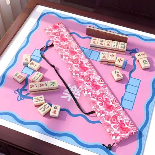 35 Inch Pink Printed Mahjong Mat Carrying Bag with Strap Canvas Drawstring Mahjong Holder Bag for Yoga Mats Board Games Travel Storage