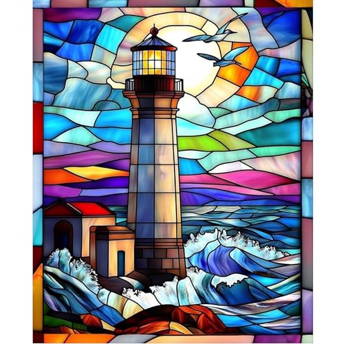 DIYDECORFUN Lighthouse Diamond Art Kits for Adults,DIY 5D Stained Glass Lighthouse Diamond Painting Kit for Beginners,Full Round Drill Landscape Dot Mosaic Gem Art for Home Wall Decor12X 16Inch - color: QD881