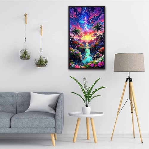 ARTGOTO Large Paint by Numbers for Adults Fantasy Tropical Landscape | 15.7x27.5inch/40x70cm Paint by Number Kit on Canvas, Starry Sky Sunset Acrylic Painting Set with Brushes, No Frame - color: PBN059