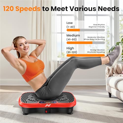 AXV Vibration Plate Fitness Platform Exercise Machine Body Vibrating Board | Curved Design Powerful 200W Bluetooth Oscillating Shake Plate for Lymphatic Drainage Recovery Whole Body Toning With Handles - color: BT.PRO.RED