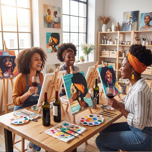 Cholemy 36 Pcs Paint and Sip Kit Gift for Adults 8''x10'',African Women | Pre Drawn Canvas, Painting DIY Afro Acrylic Painting Kit, Wood Easel Brushes, Date Night Bulk, Summer Halloween Party - style: African Women