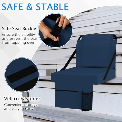 2pcs Stadium Seat for Bleachers with Back Support，Portable Bleacher Chairs with Back and Cushion，Includes Shoulder Strap and Cup Holder - color: Navy,2 Pack