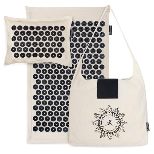 ProsourceFit Ki Acupressure Mat and Pillow Set with 100% Natural Linen for Back/Neck Pain Relief and Muscle Relaxation - color: Onyx Gold