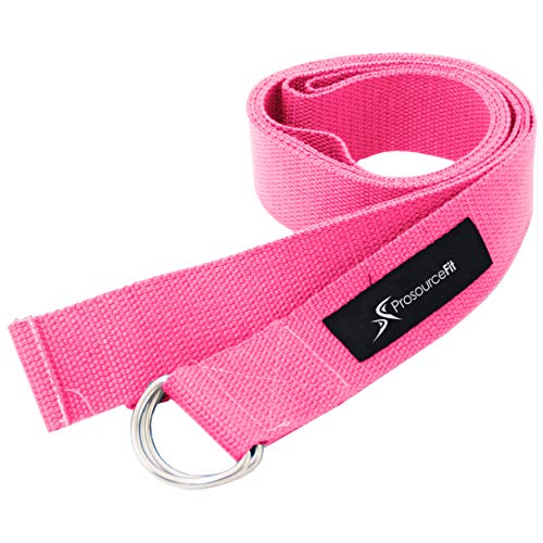 ProsourceFit Metal D-Ring Yoga Strap 8’ Durable Cotton for Stretching and Flexibility - color: Pink