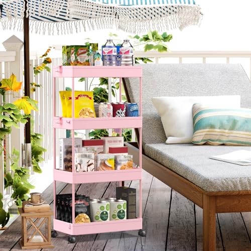 SPACEKEEPER 4 Tier Rolling Cart, Bathroom Cart Organizer with Wheels, Pink - color: Pink, size: 4 Tier