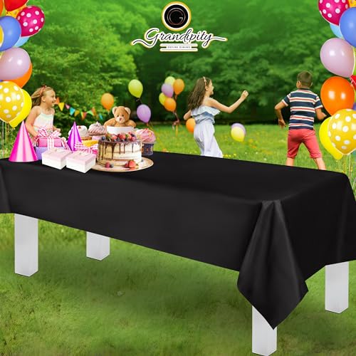 Grandipity Plastic Table Cloth Disposable 12 Pack 54” x 108” Rectangle | Black Plastic table covers, durable disposable tablecloths, fade and tear-resistent table cover for party, event - color: Black, size: 54in. x 108in. Rectangle