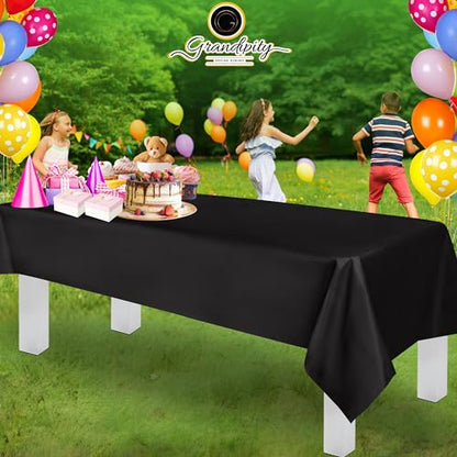 Grandipity Plastic Table Cloth Disposable 12 Pack 54” x 108” Rectangle | Black Plastic table covers, durable disposable tablecloths, fade and tear-resistent table cover for party, event - color: Black, size: 54in. x 108in. Rectangle