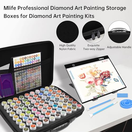 Mlife Diamond Art Painting Storage Boxes,1 Diamond Painting A4 Light Box Tracing Light Board with 3 Brightness, 80 Slots Bead Storage with 5D Diamond Art Accessories and Tools Kit（Black） - color: black