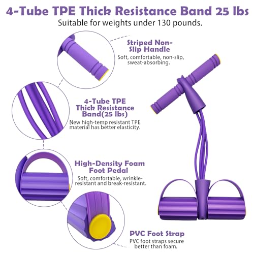 Pedal Resistance Band with Handle,4/6/8 Tubes Options,Full-Body Use - color: 4Tubes-Purple