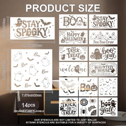 Sitsink Halloween Stencils for Painting Ghost Pumpkin Template Mat Wall | 14 reusable stencils, ghost pumpkin bat spider seasonal print templates, stencils for painting mat rug furniture wall crafts - style: halloween