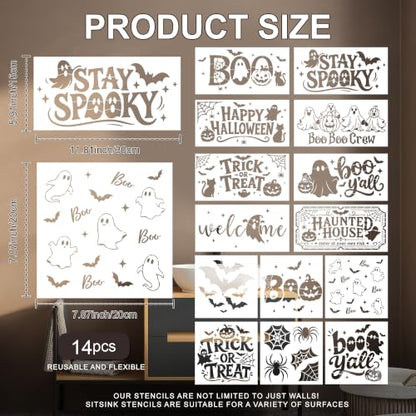 Sitsink Halloween Stencils for Painting Ghost Pumpkin Template Mat Wall | 14 reusable stencils, ghost pumpkin bat spider seasonal print templates, stencils for painting mat rug furniture wall crafts - style: halloween