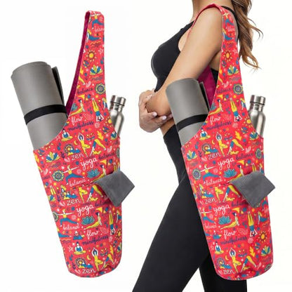 CosInStyle Heavy Duty Cotton Canvas Yoga Bag with Multi-Pocket Organizer, Large Capacity Gym Sports Bags, With 2 Bonus Mat Straps - color: Red Yoga Style
