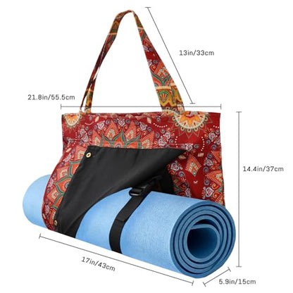 Mandala Yoga Mat Bag Large Yoga Bags and Carrier Fits All Your Stuff Yoga Tote Bags with Zipper Pocket Pilates Bag - color: Red