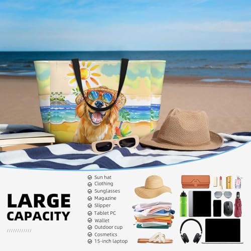 Large Beach Bag for Women Waterproof Foldable Travel Shoulder Tote Bag with Pocket for Weekender Pool Vacation - color: Dog Yellow