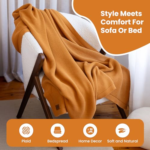 Dalisa 100% Organic Turkish Cotton Throw Blanket - GOTS Certified, Cozy - Perfect for Couch, Bed, and Home Decor - Boho Vintage Knit Alina (Saffron Gold, 60x80) - color: Saffron Gold, size: 60x80