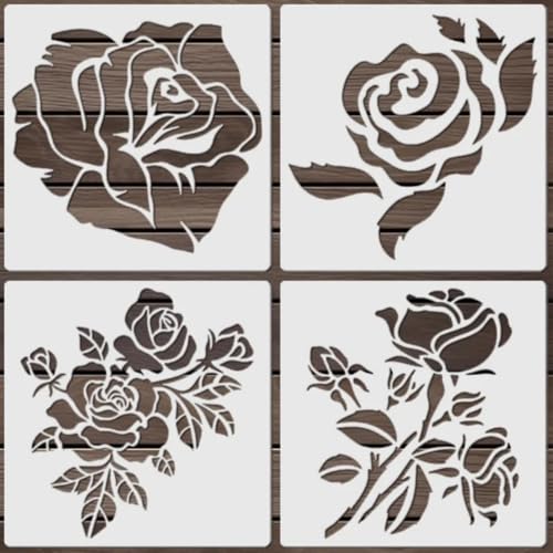 Rose Flower Stencil Set,5.9x5.9 Inch Reusable Flower Stencils Painting Crafts Templates for DIY Art Scrapbook Drawing Stencil for Painting on Wood, Wall, Furniture(4PCS)