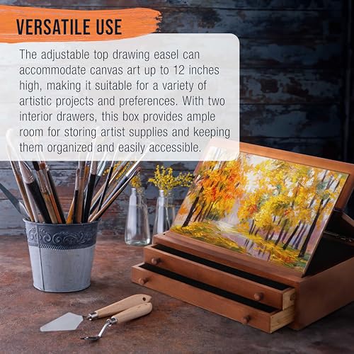 U.S. Art Supply 2-Drawer Artist Tool Supply Box with Locking Clasps & Fold-Up Drawing Easel - Walnut Color Art Box for Artist Supplies, Brushes, Pencils, Erasers, Tool Storage Organizer Case