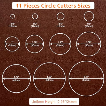 Leather Circle Cutter Tool Set, 11 Pieces Circle Punch Tools 10 12 15 20 25 30 35 40 45 50 55mm, High Carbon Steel Round Cutting Dies - Leather Hole Punch Tool Kit for DIY Leathercrafts - size: 11 Sizes