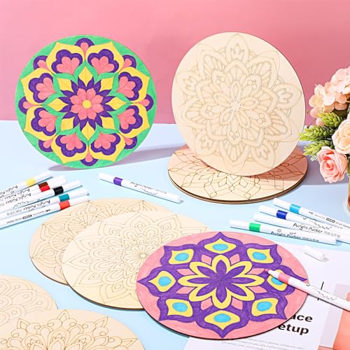 Vercraft 22 Pcs Wooden Mandala Painting Set 10 Mandala Unfinished Wood Cutouts with 12 Markers for Crafts Diwali Craft Wood Slices for Adults Painting DIY Tags Wedding Home Decors(Stylish Style) - color: Stylish Style