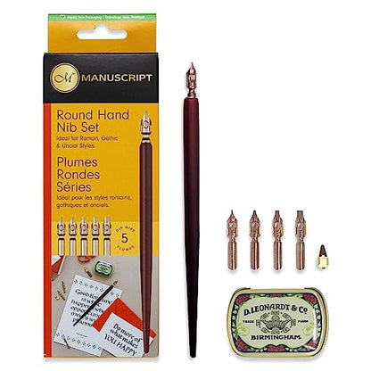 MANUSCRIPT Dip Pen Round Hand Nib Set, 5 Nibs, Mahogany Holder