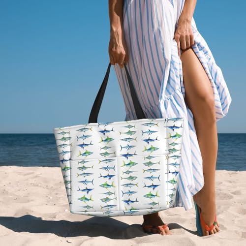 Large Beach Bag for Women Waterproof Foldable Travel Shoulder Tote Bag with Pocket for Weekender Pool Vacation - color: Fish White